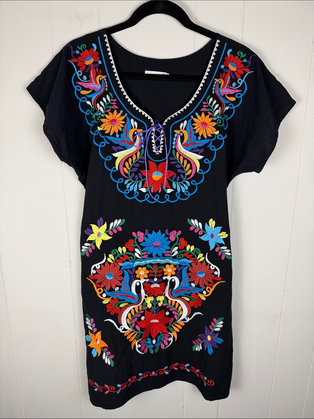 YZXDORWJ Boho Floral Embroidered Black Mini Dress Folk Peasant Fiesta Medium